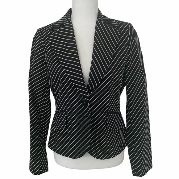 Jones New York Signature Womens Black White Striped Cotton Blazer Jacket Size 6 - Picture 1 of 11
